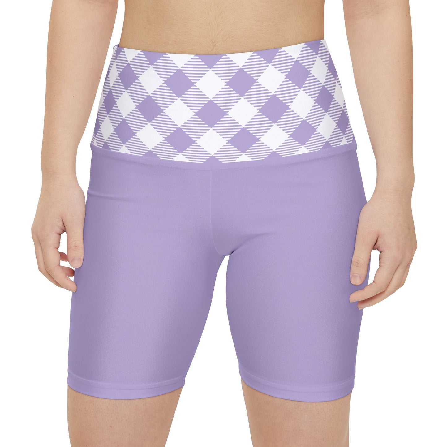 Lavender Gingham Waistband Women's Workout Shorts