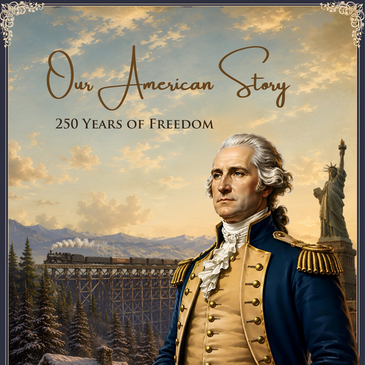 A square commemorative print or poster titled "Our American Story: 250 Years of Freedom" showing a portrait of George Washington in a historical navy and tan coat, with a snowy cabin, mountain landscape, train, Statue of Liberty, and a purple circular "250 Years of Freedom" badge in the lower left.