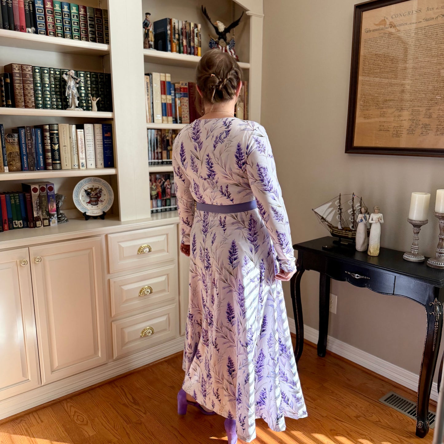 Lavender Floral Long-Sleeve Dance Dress — Flowing AOP Maxi for Women