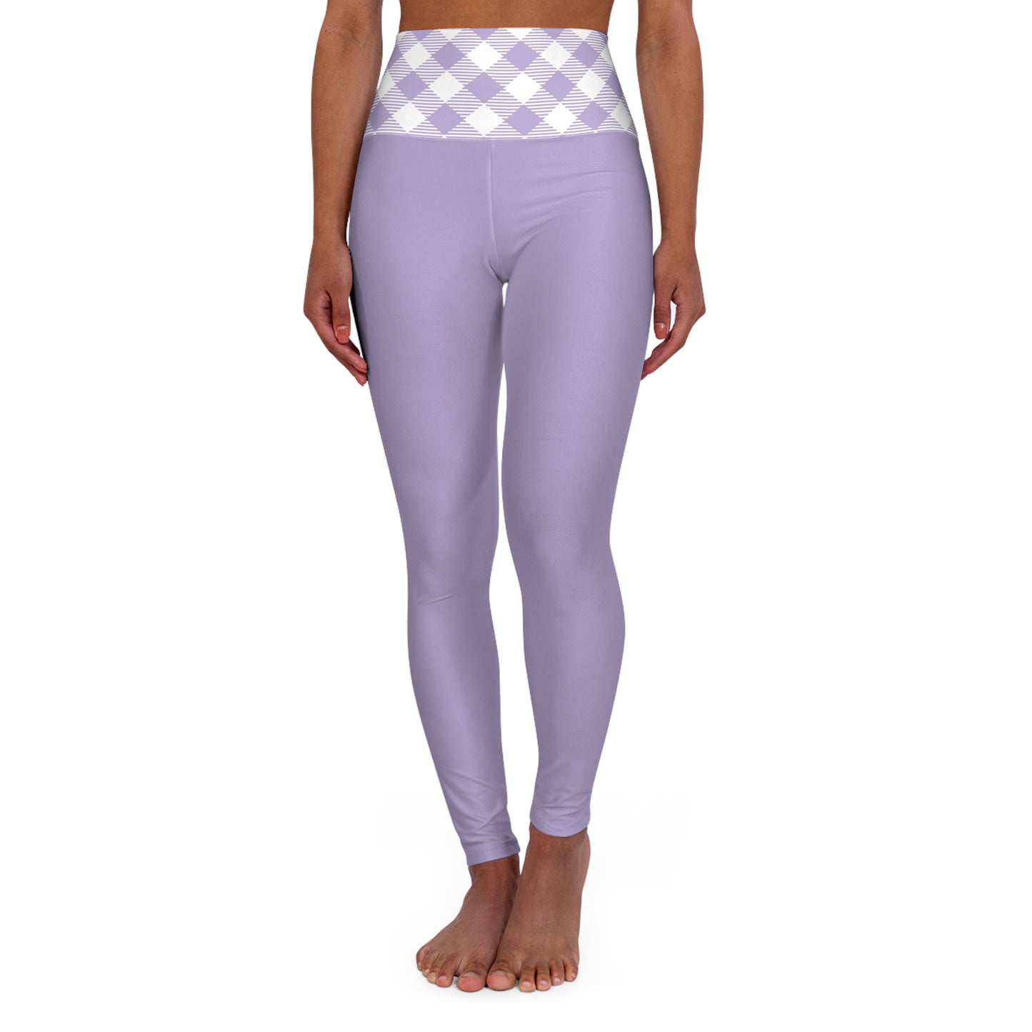 Lavender High-Waist Yoga Leggings with Gingham Waistband