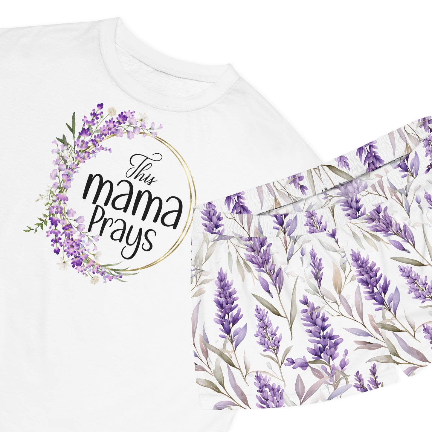 Women’s Lavender “This Mama Prays” Short Pajama Set — Floral Sleepwear Gift