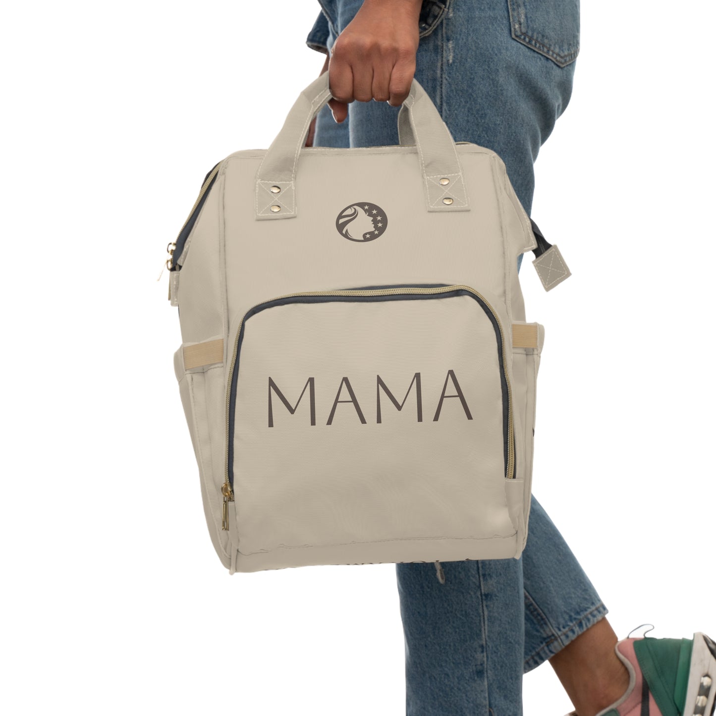 Mama Bear Diaper Backpack — Multifunctional Baby Changing Bag with Paw & MFA Coin Design, Beige