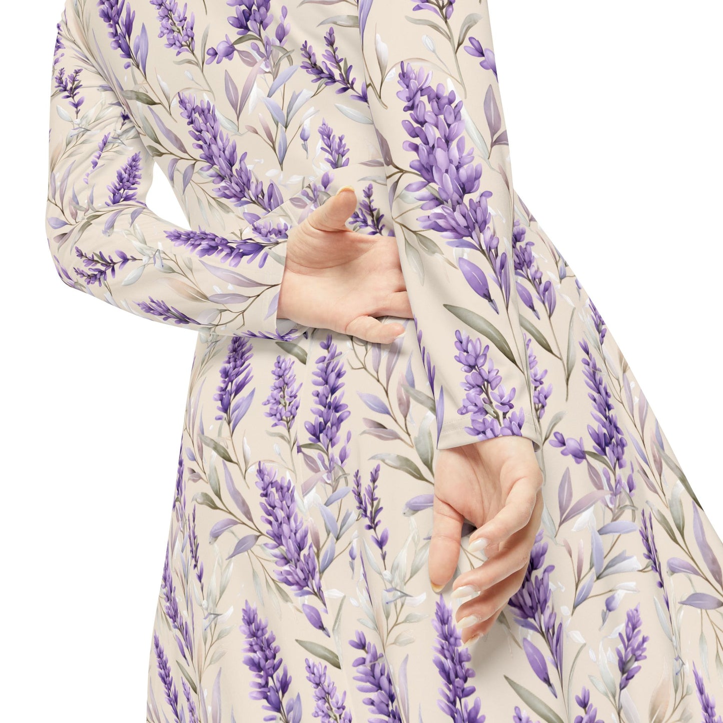 Lavender Floral Long-Sleeve Dance Dress — Flowing AOP Maxi for Women