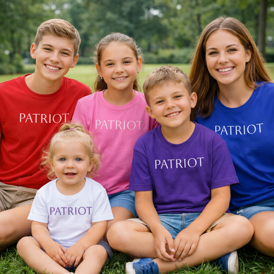 Toddler Tee — "PATRIOT" Front & Moms for America Logo Back (Patriotic Kids Shirt)