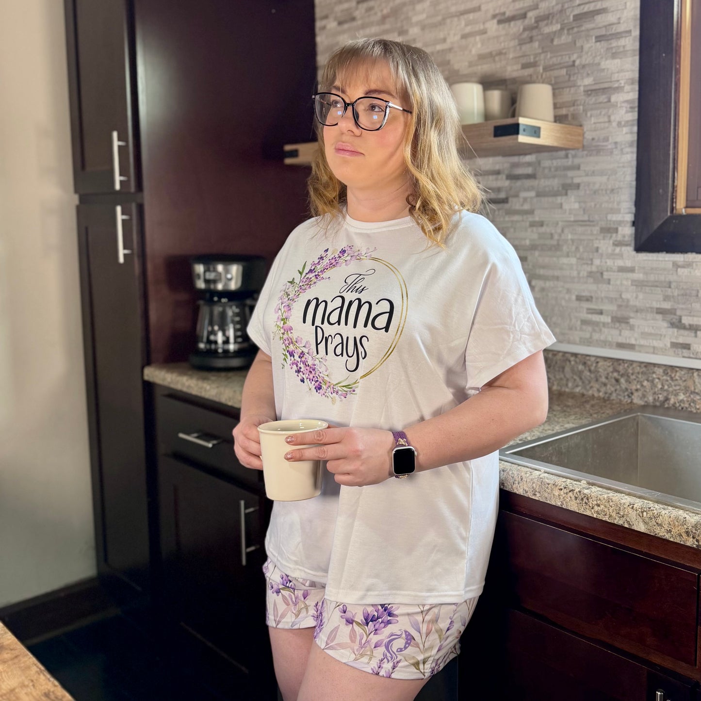 Women’s Lavender “This Mama Prays” Short Pajama Set — Floral Sleepwear Gift