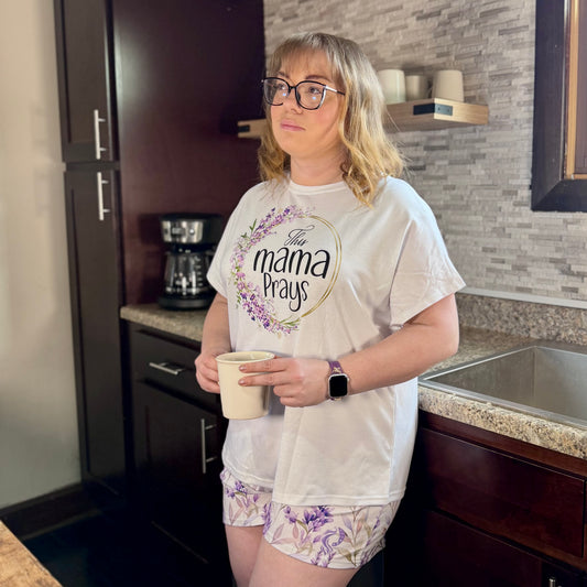 Women’s Lavender “This Mama Prays” Short Pajama Set — Floral Sleepwear Gift