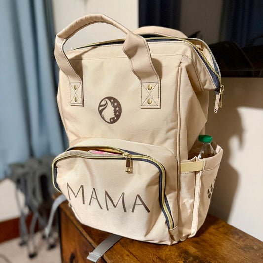 Mama Bear Diaper Backpack — Multifunctional Baby Changing Bag with Paw & MFA Coin Design, Beige