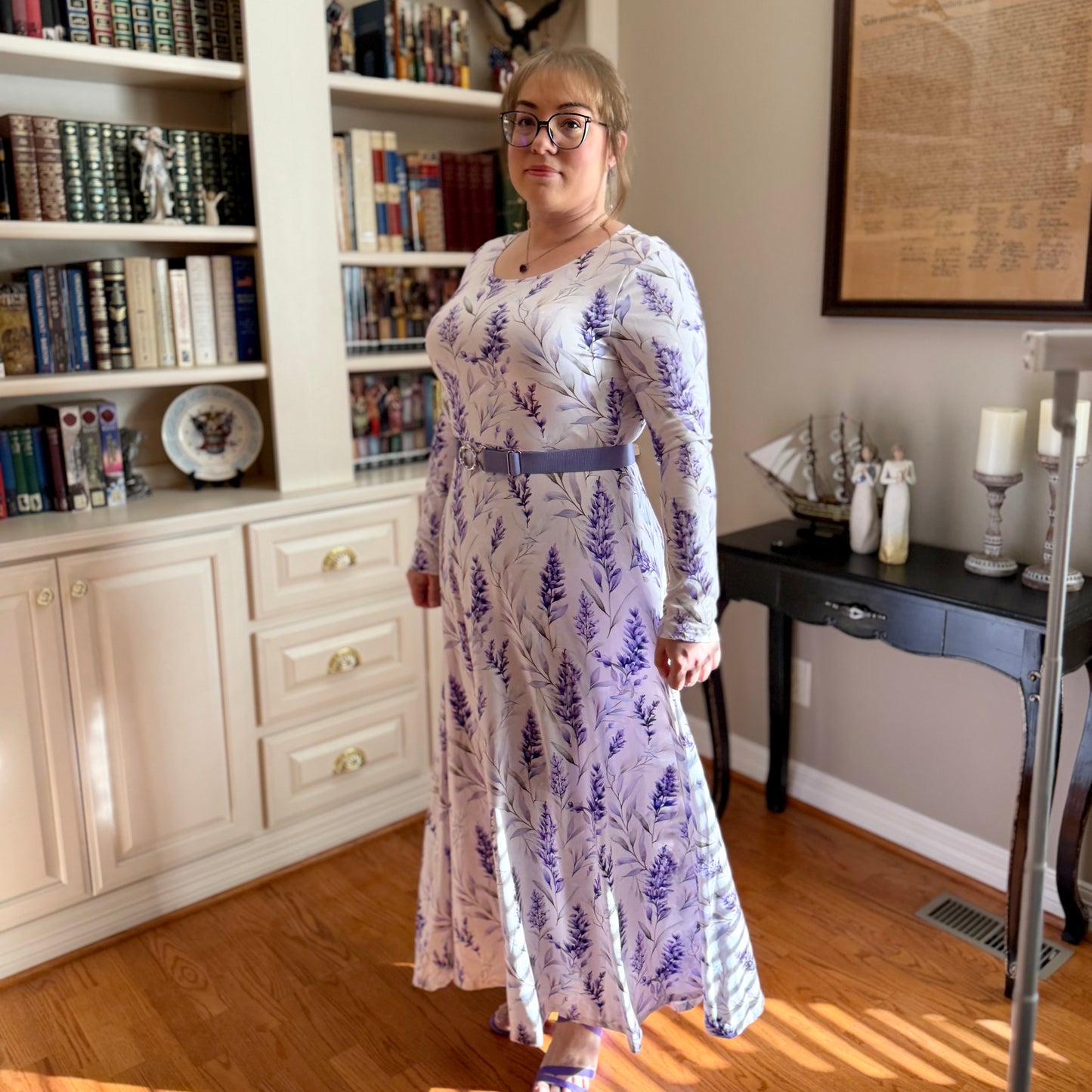 Lavender Floral Long-Sleeve Dance Dress — Flowing AOP Maxi for Women