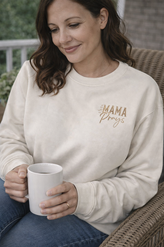 "This Mama Prays" Crewneck Sweatshirt — Neutral tone-on-tone print